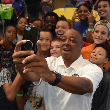 Spud Webb Selfie with kids at Camp Fresh N' Fit